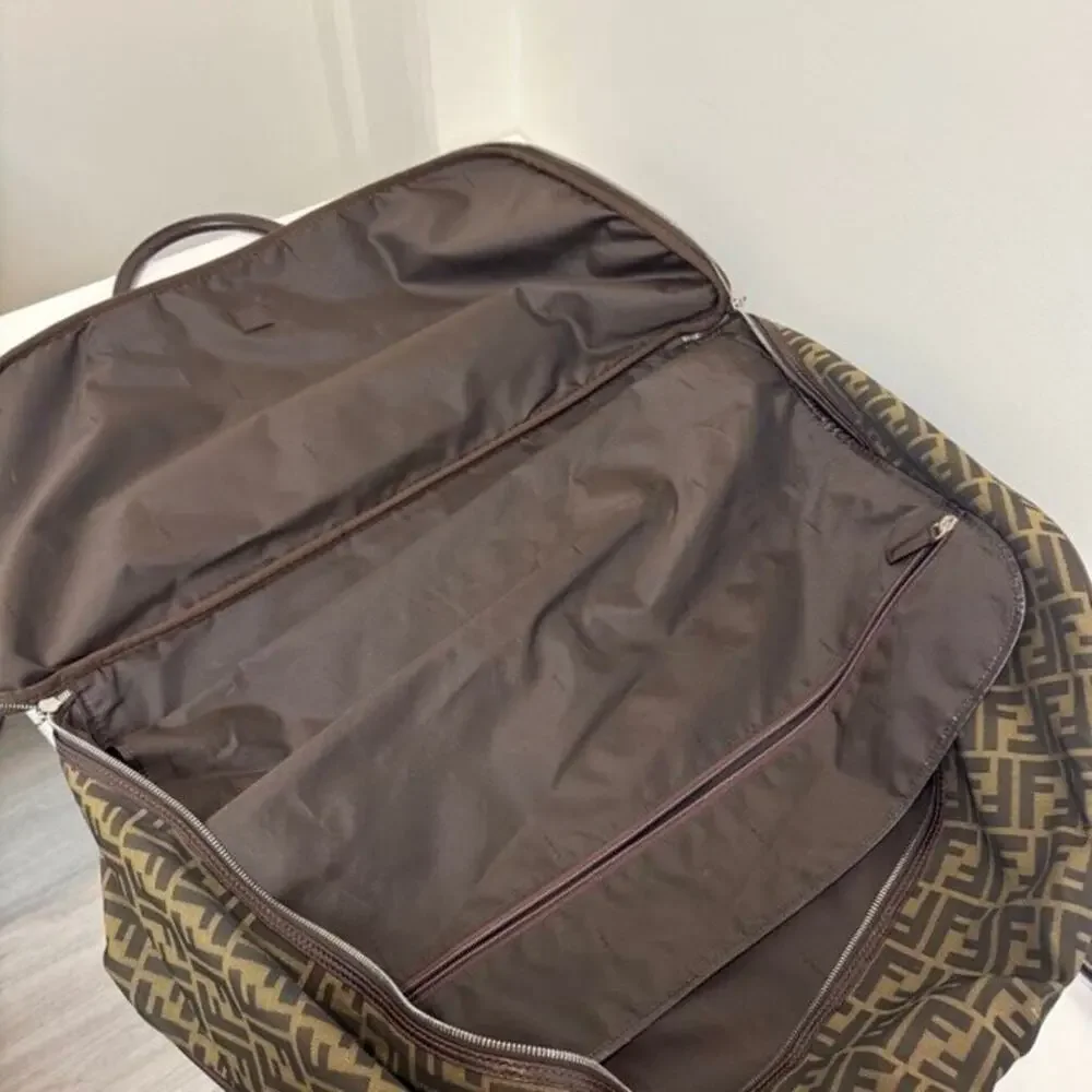 FENDI Large Brown Zucca Canvas Duffle Bag Monogram Leather Travel Luggage FF